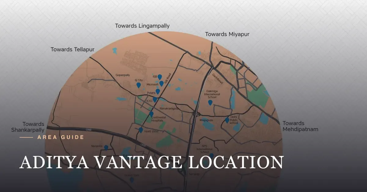 Location map of Sri Aditya Vantage in Manchirevula near Narsingi, Kokapet and the Financial District, Hyderabad