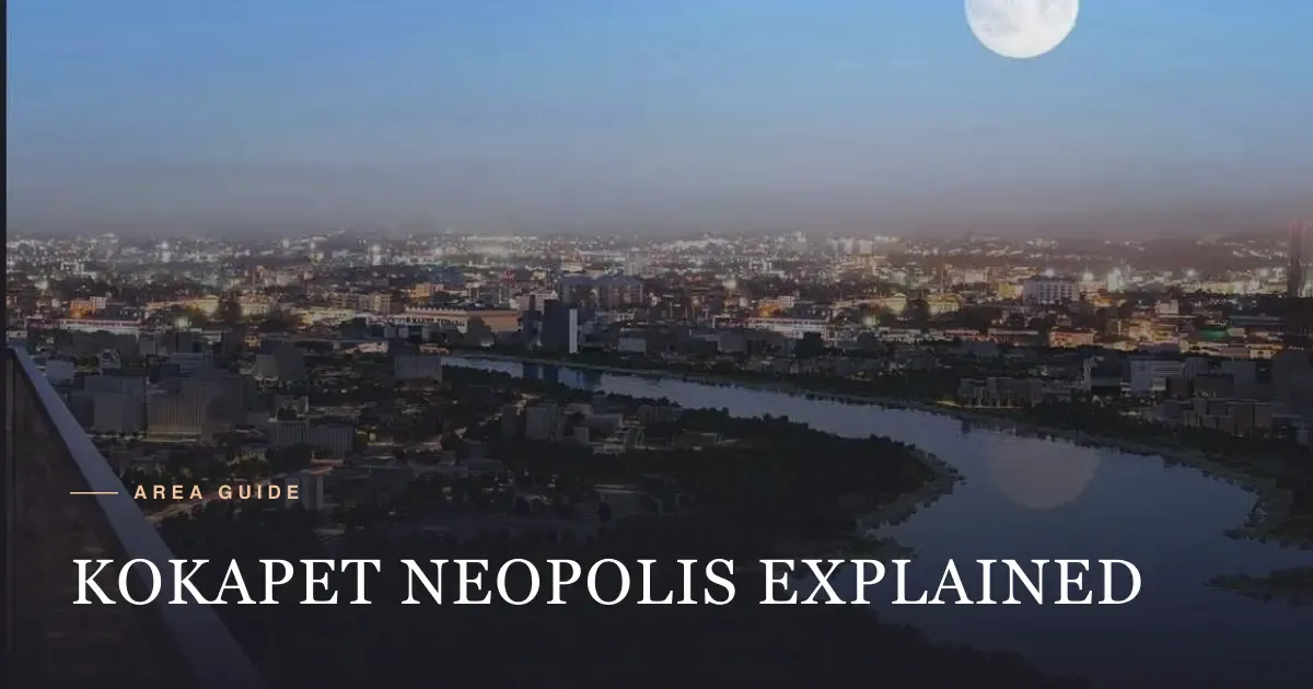 Night view over the Musi river towards the Kokapet–Narsingi skyline, from a Sri Aditya Vantage brochure render