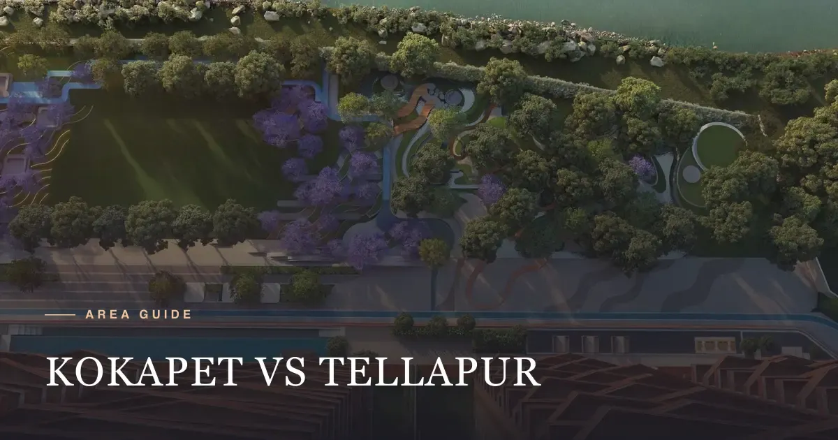 Aerial view of landscaped gardens by the river at Sri Aditya Vantage, Kokapet–Narsingi belt, Hyderabad