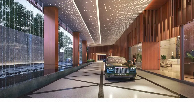 Covered porte-cochère and arrival court at Sri Aditya Vantage