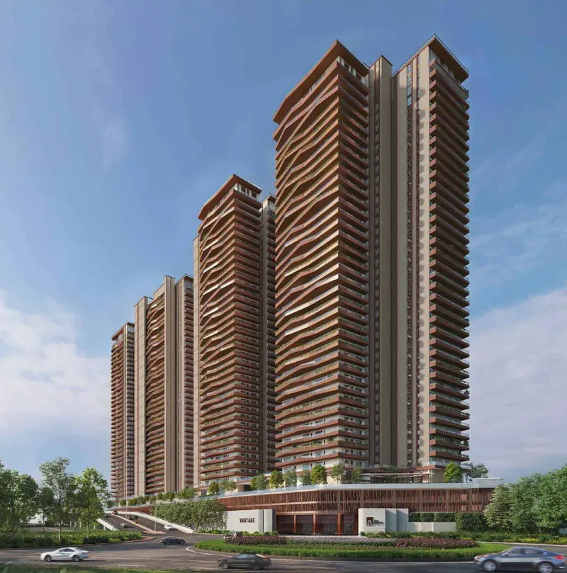 Sri Aditya Vantage 38-floor towers with the podium and entrance drive