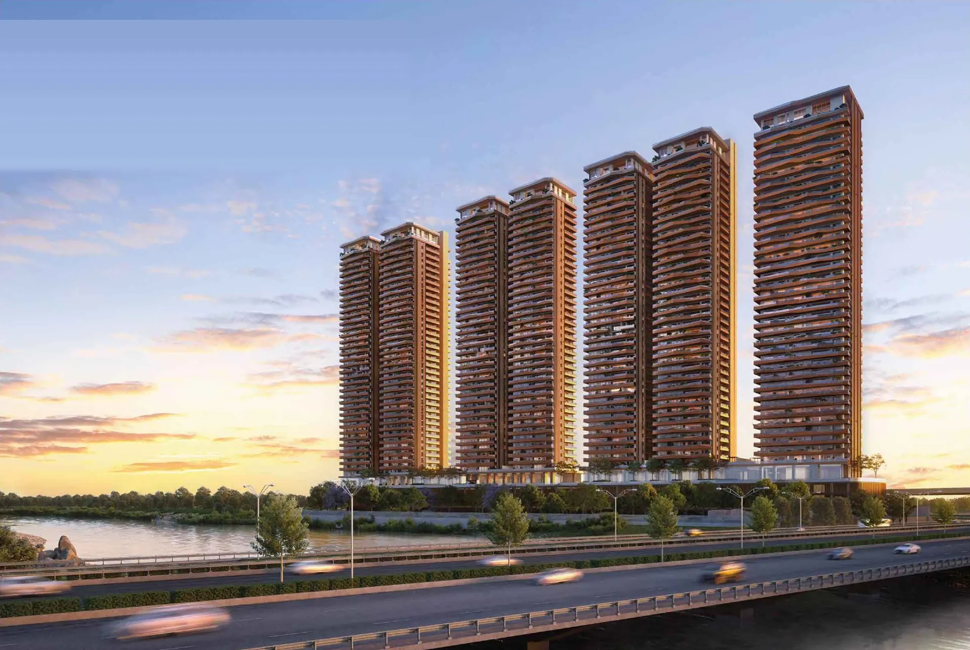 Sri Aditya Vantage Narsingi – developer render of the 38-floor towers beside the river at dusk