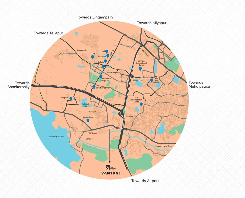 Sri Aditya Vantage location map showing Narsingi, the ORR, Gachibowli, Kokapet and the route to the airport
