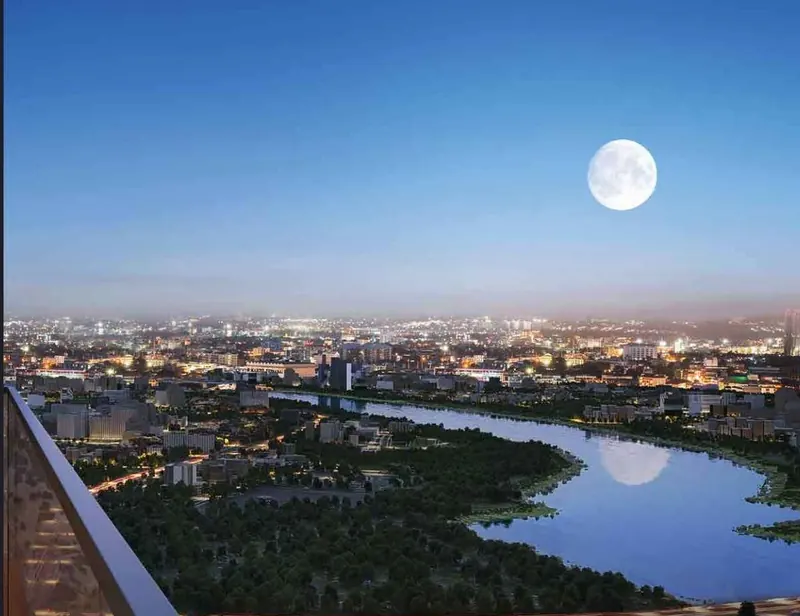 Night view over the Musi river from a high floor at Sri Aditya Vantage