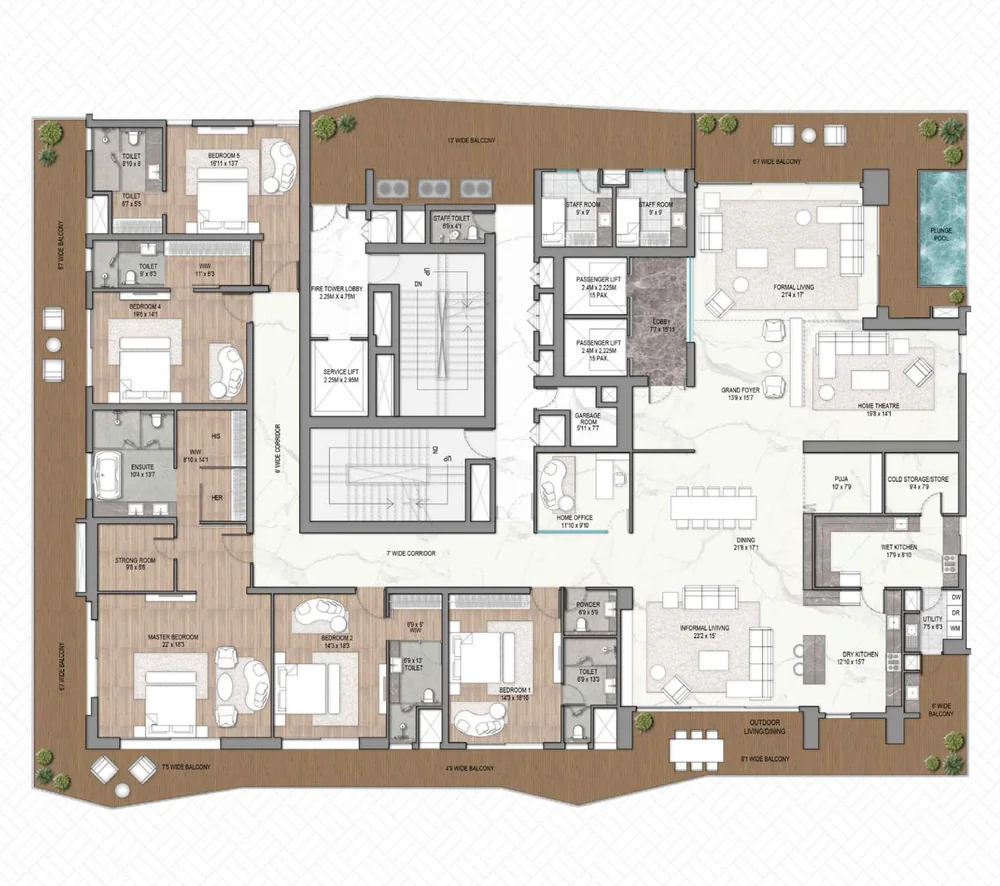 Sri Aditya Vantage 5 BHK floor plan in tower T4, 13,054 sq ft saleable