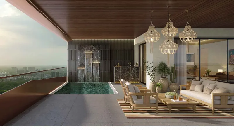Covered sky deck with a plunge pool at Sri Aditya Vantage