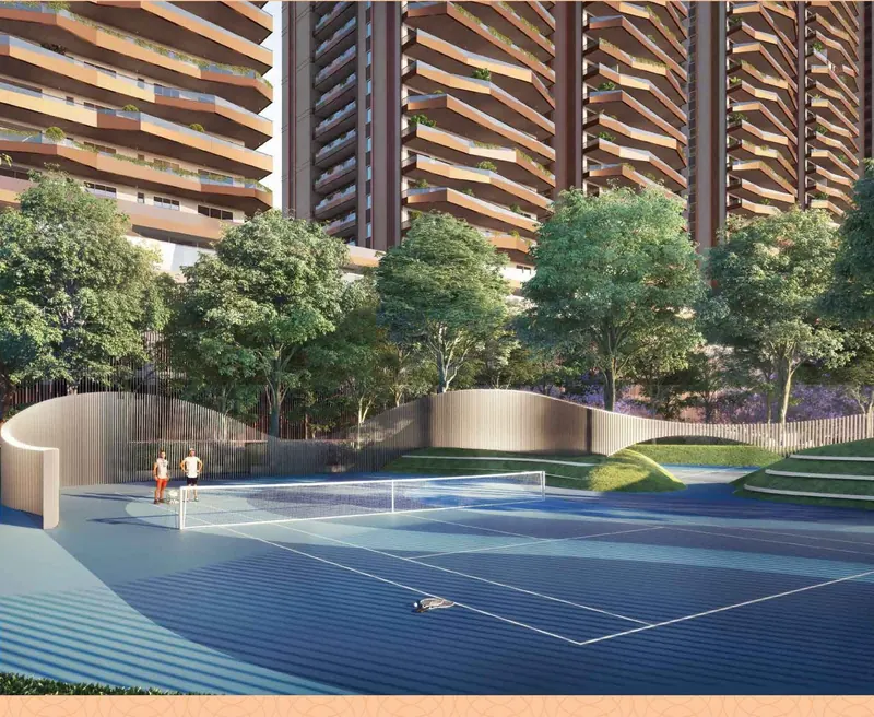 Tennis court between the towers at Sri Aditya Vantage